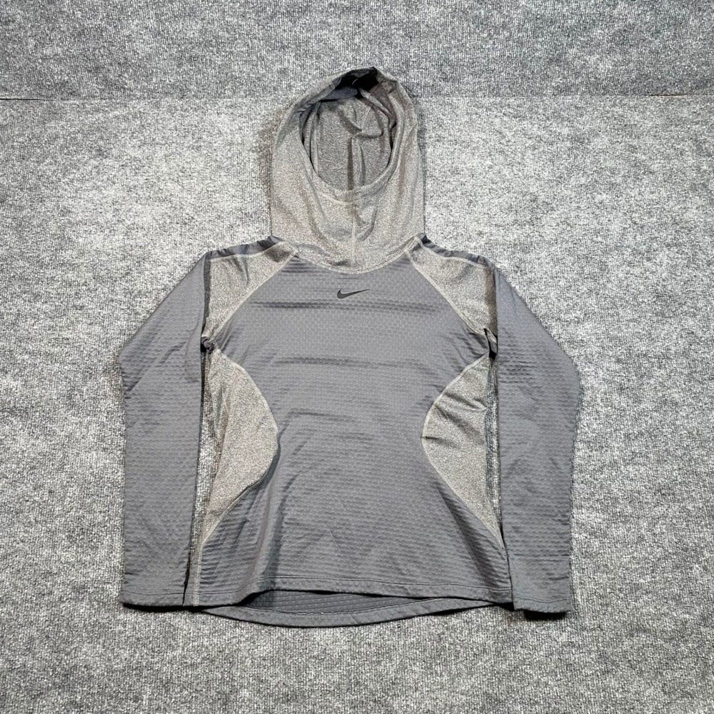 Nike Pro Hyperwarm Womens Grey Waffle Knit Hooded Training Top 931977-071 Medium